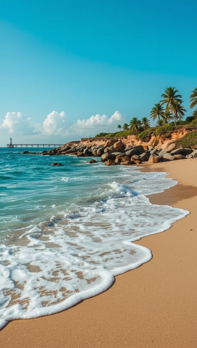 Tropical beach with turquoise waves, golden sand, rocky cliffs, palm trees, and a distant pier under blue sky