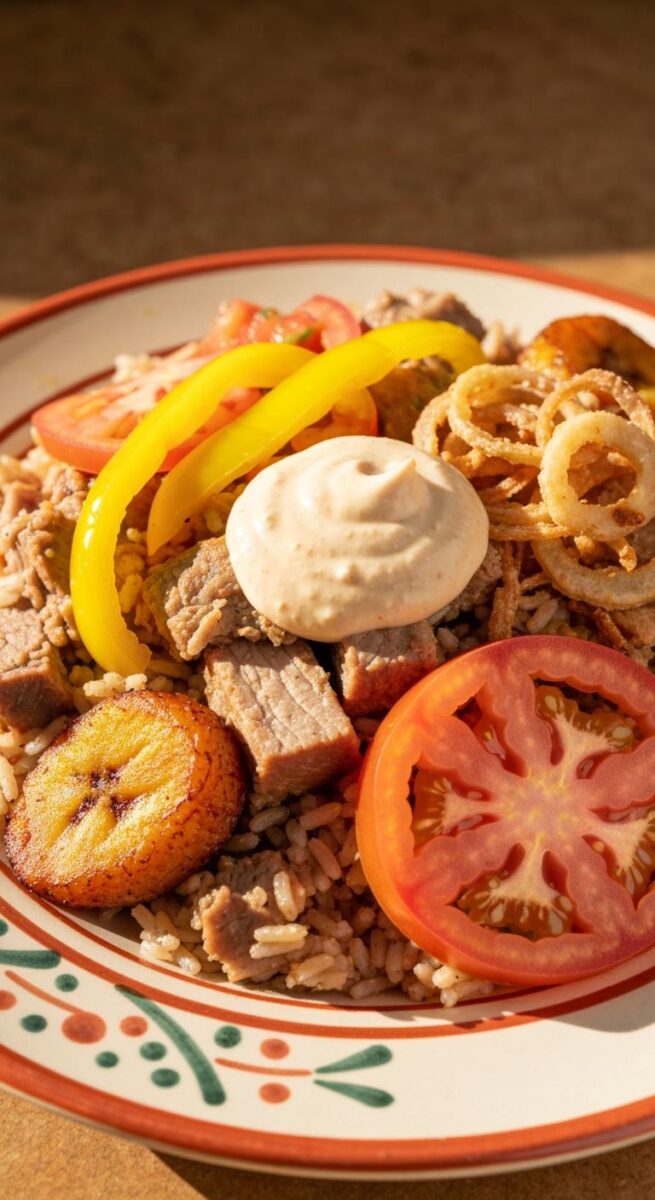Decorative plate with rice, sliced beef, fried plantains, yellow bell pepper, tomato slices, crispy onion rings, and creamy sauce
