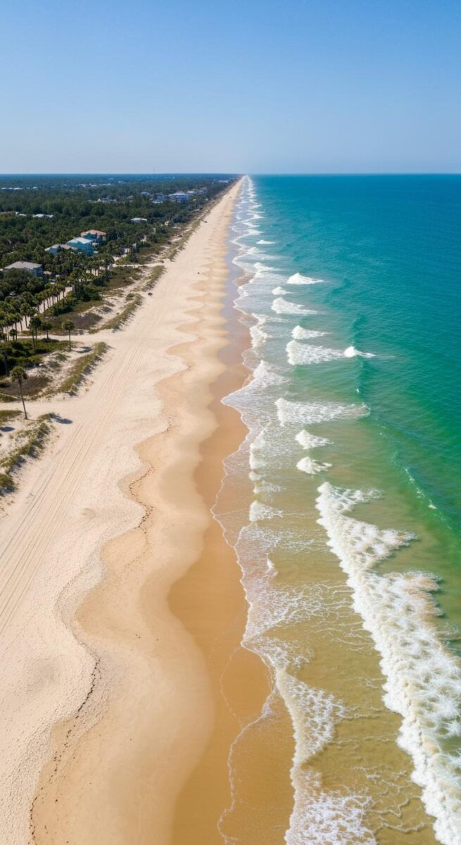Aerial view of a long, pristine white sand beach with turquoise ocean waves and lush green coastal vegetation