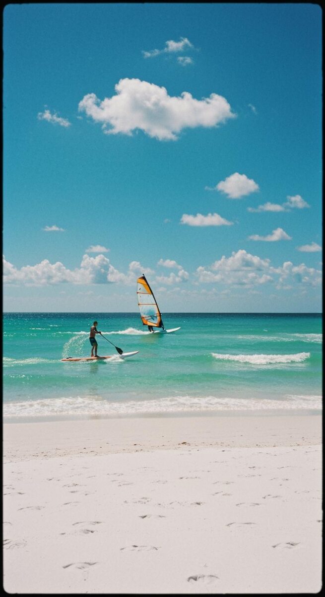 Person paddleboarding near shore while a windsurfer with orange sail glides on turquoise water at a white sand beach