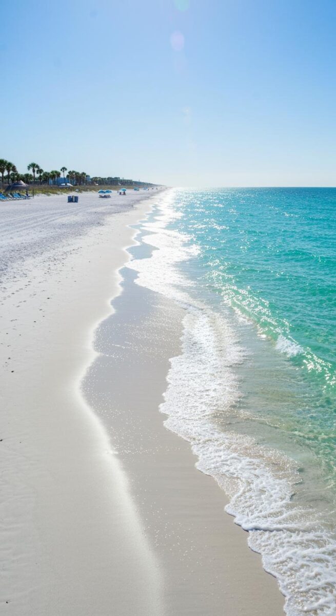 Aerial view of pristine white sand beach with turquoise Gulf waters and palm trees stretching to the horizon