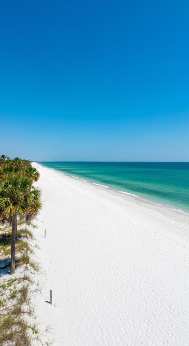Pristine white sand beach with turquoise Gulf water, palm trees, and clear blue sky stretching to the horizon