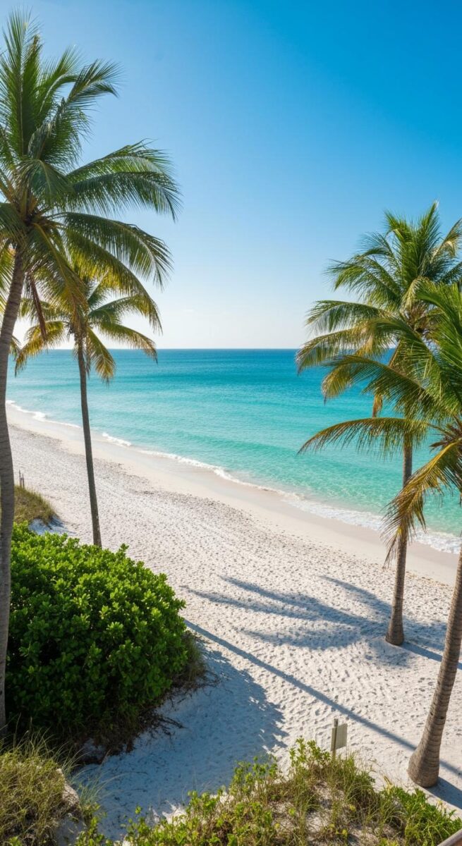 Pristine white sand beach with turquoise water and tall palm trees under a clear blue sky