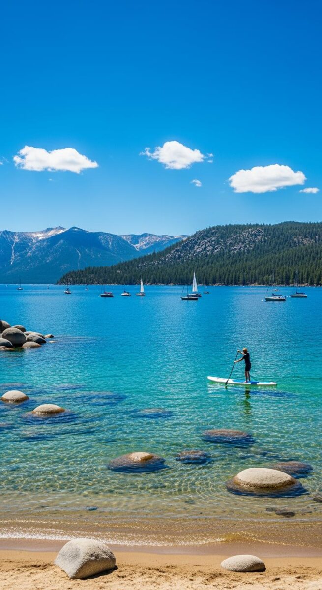 Person paddleboarding on crystal-clear turquoise Lake Tahoe with sailboats, granite boulders, and pine-covered mountains in background
