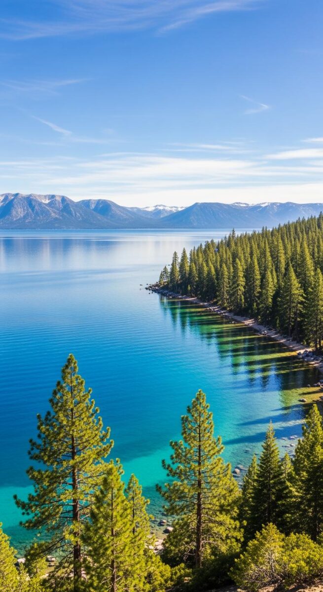 Aerial view of Lake Tahoe with crystal-clear turquoise water, dense pine forest shoreline, and snow-capped Sierra Nevada mountains