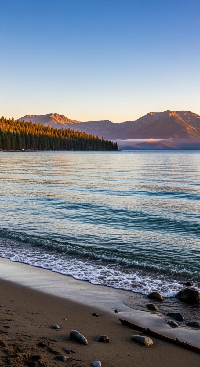 Serene alpine lake at golden hour with sandy beach, smooth rocks, pine forest, and mountain backdrop