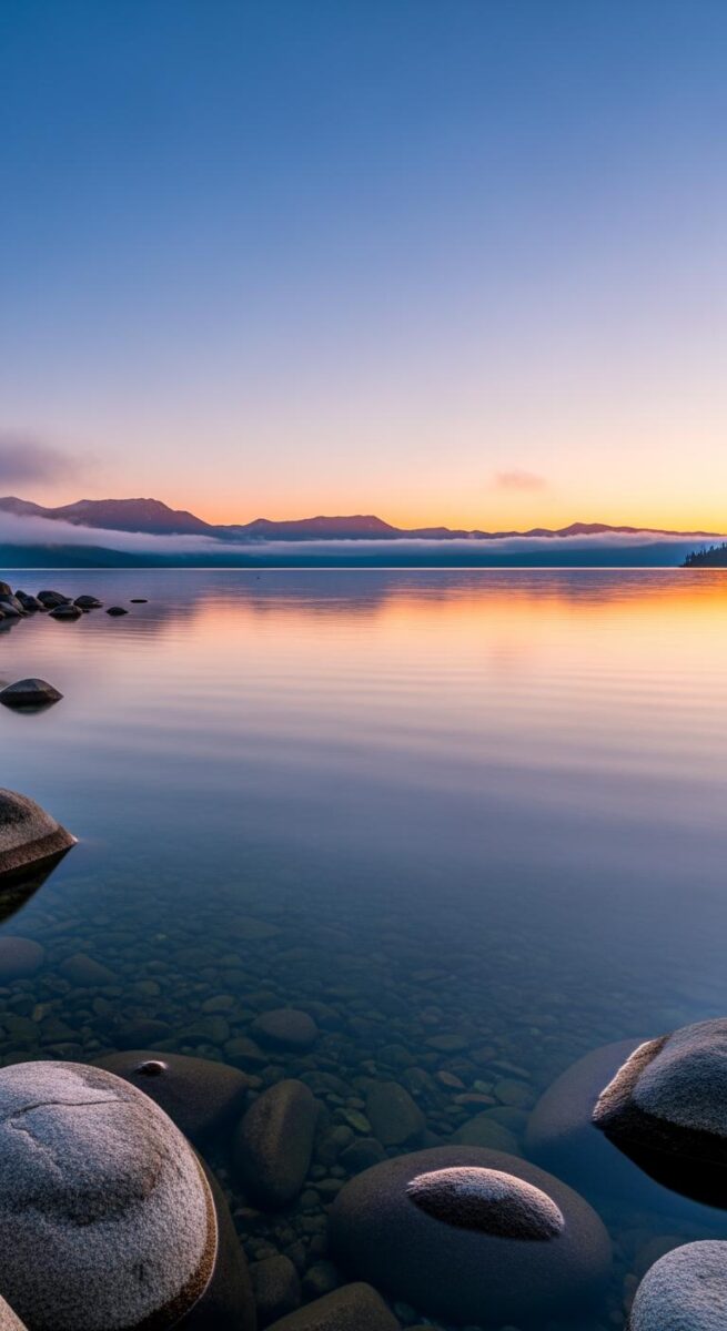 Serene mountain lake at sunrise with smooth rounded rocks in clear shallow water and misty peaks on horizon