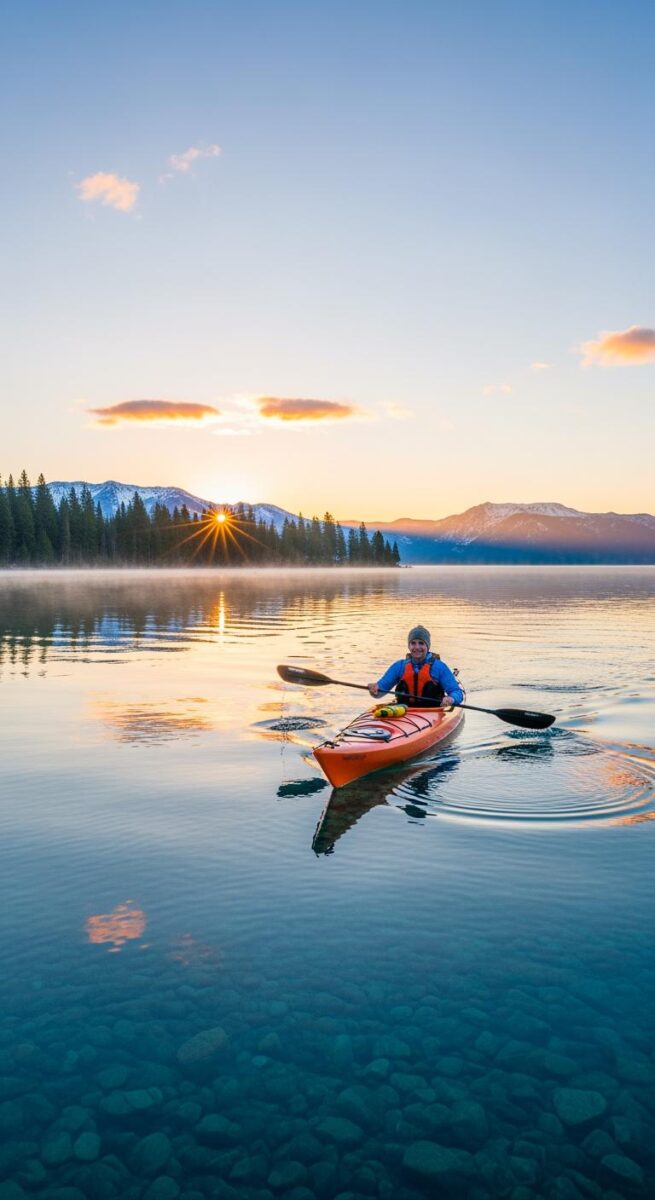 Smiling kayaker in orange kayak paddling on crystal-clear alpine lake at sunrise with snow-capped mountains