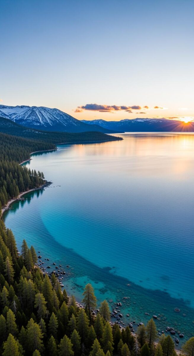 Aerial view of Lake Tahoe at sunset with crystal-clear turquoise water, pine-covered shoreline, and snow-capped Sierra Nevada mountains