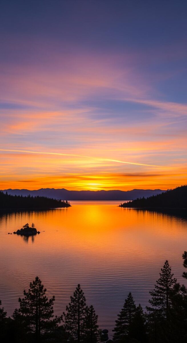 Golden sunset over Lake Tahoe with silhouetted pine trees, small island, and mountain reflections on calm water