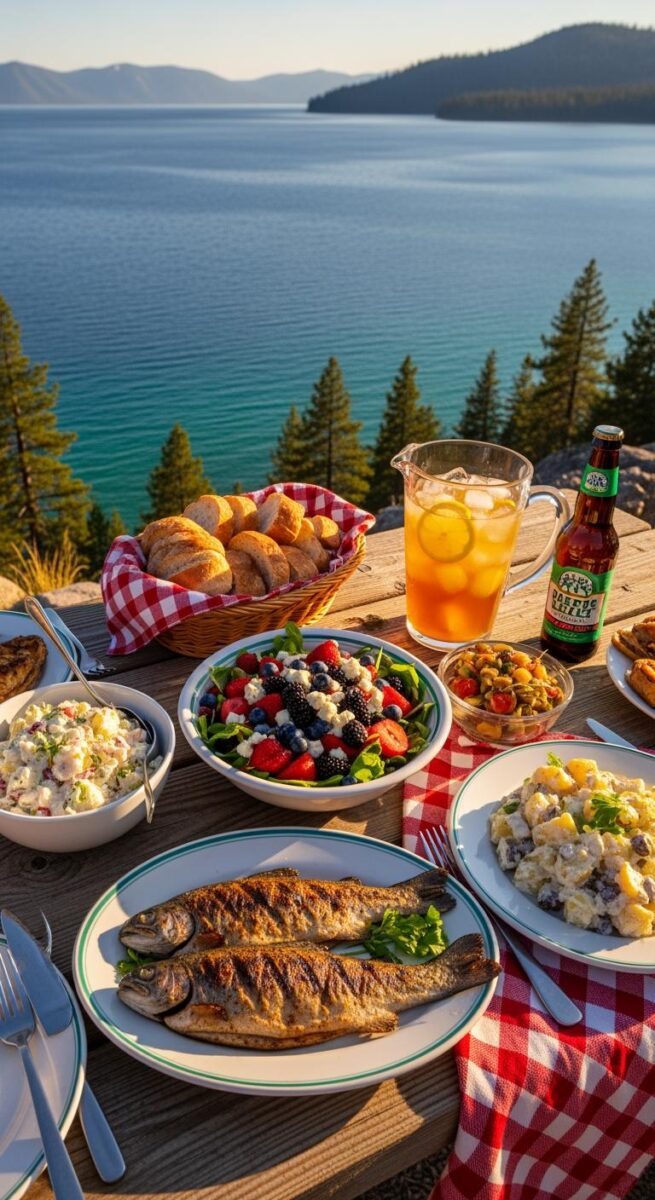 Lakeside outdoor feast with grilled whole fish, berry feta salad, potato salad, rolls, and iced tea overlooking turquoise mountain lake