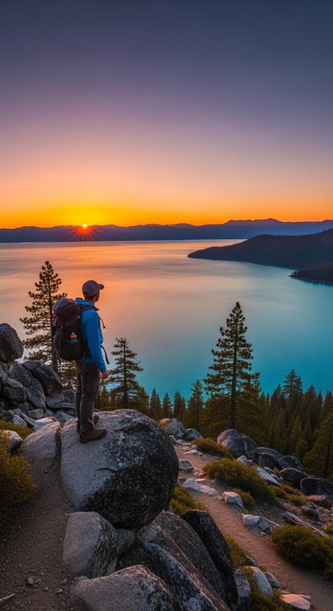Hiker with backpack standing on granite boulder overlooking turquoise Lake Tahoe at sunset with pine trees