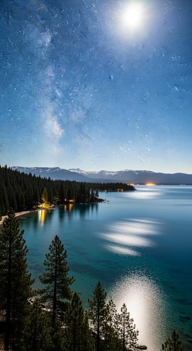 Moonlit Lake Tahoe at night with Milky Way galaxy, pine trees, turquoise water, and snow-capped mountains in background