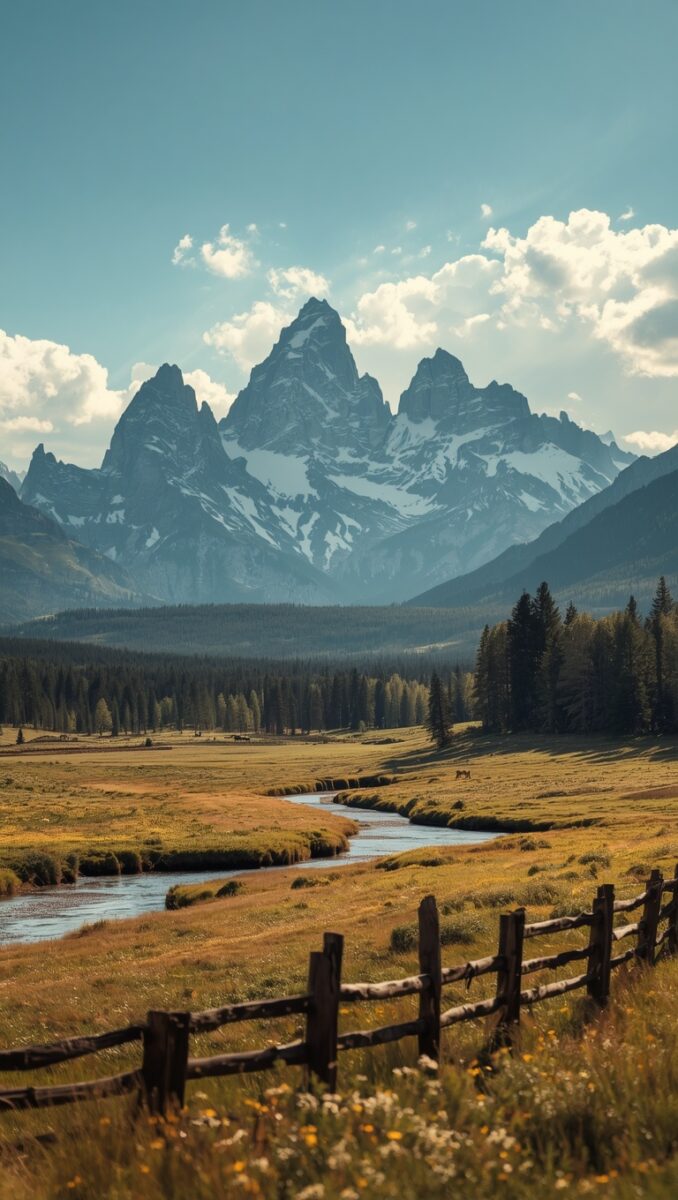 Grand Teton mountain range with snow-capped peaks, green meadows, winding stream, and wooden fence in foreground