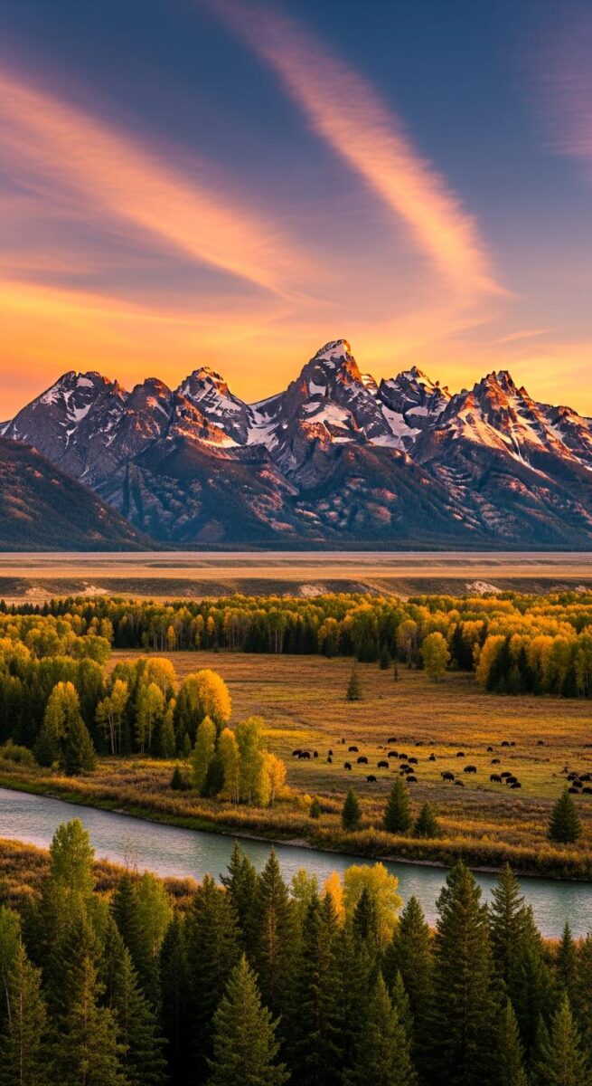 Grand Teton mountain range at sunset with Snake River, autumn foliage, evergreen trees, and bison herd in Jackson Hole valley