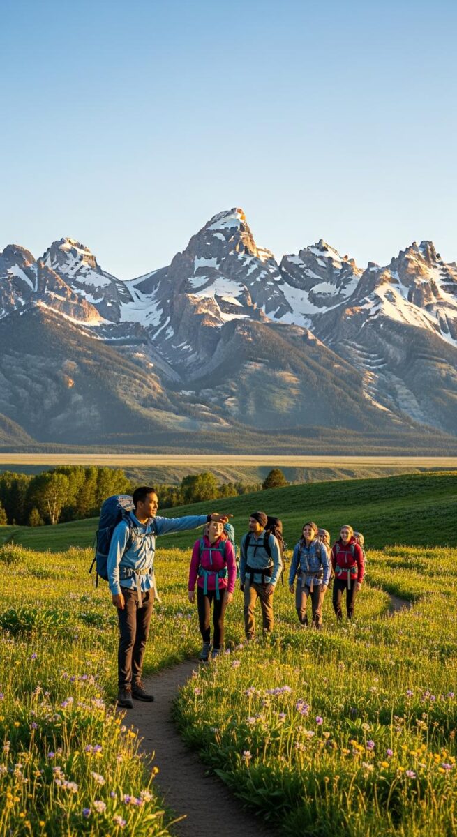 Group of hikers with backpacks on a wildflower meadow trail with snow-capped Grand Teton mountains behind
