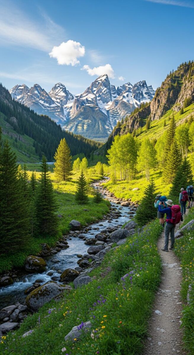 Hikers on a mountain trail beside a rocky stream with snow-capped peaks and wildflowers in a green valley