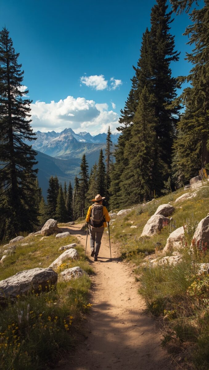 Hiker with trekking poles and backpack walking a mountain trail through pine forest with peaks in background