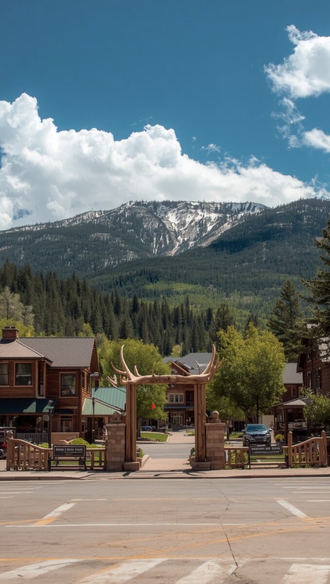 Jackson Hole town square antler arch gateway with snow-capped Teton mountain and pine forests in background