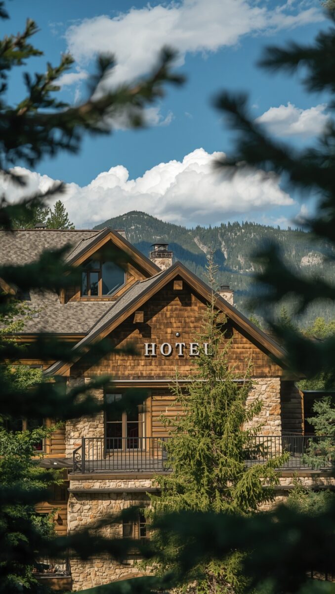 Rustic mountain hotel with wood and stone exterior surrounded by pine trees and scenic mountain backdrop
