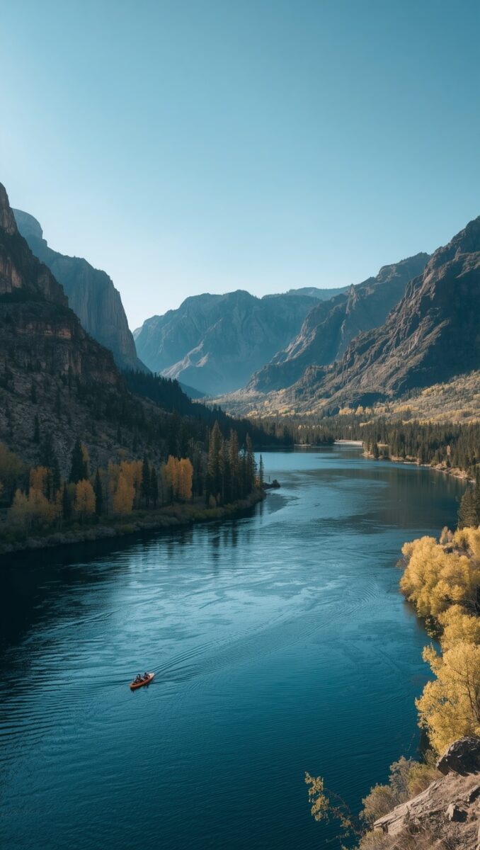 Aerial view of a turquoise river winding through a mountain valley with autumn trees and a small red kayak