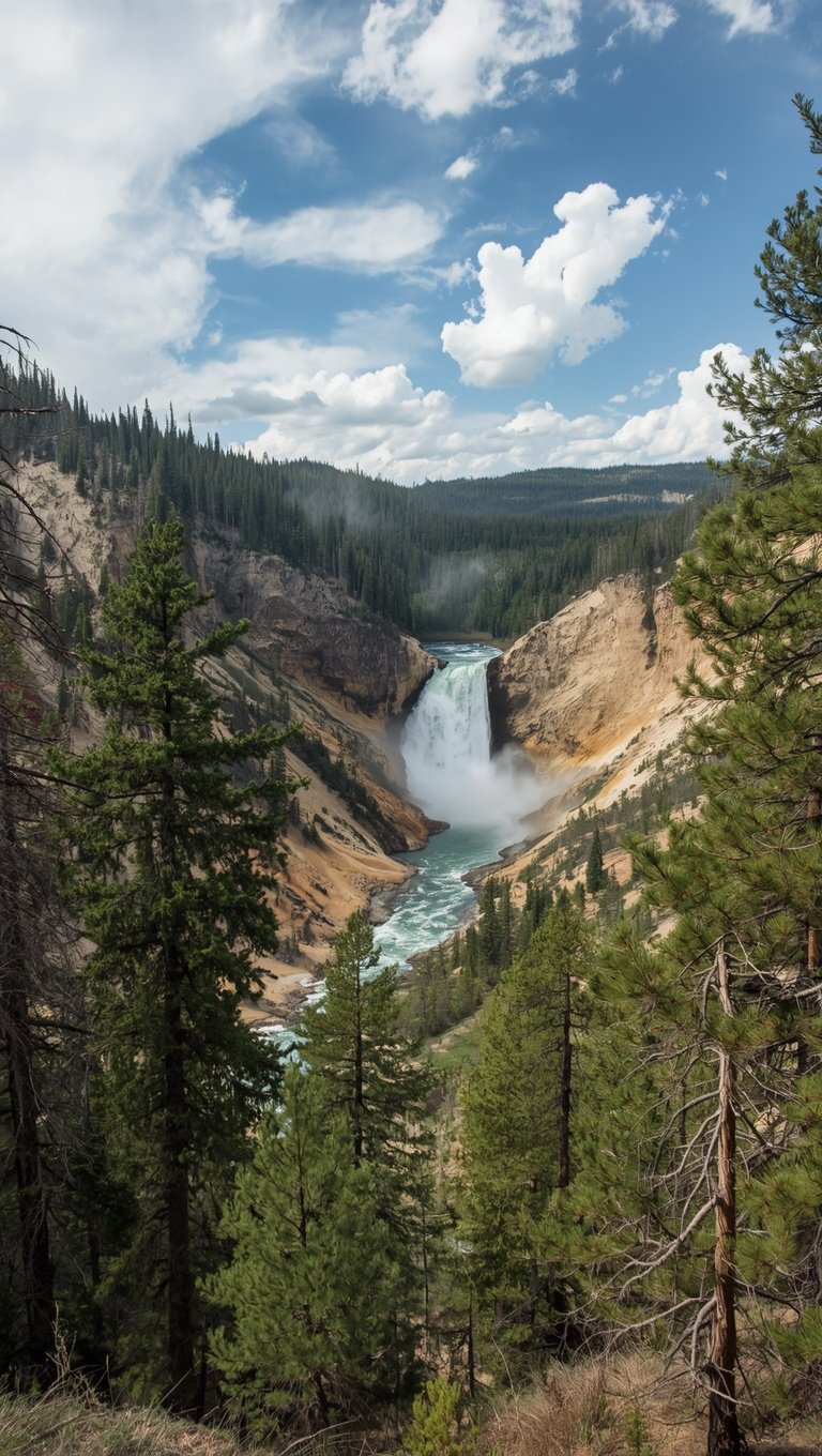 Lower Falls of the Yellowstone River cascading into a colorful canyon surrounded by evergreen pine trees and blue sky