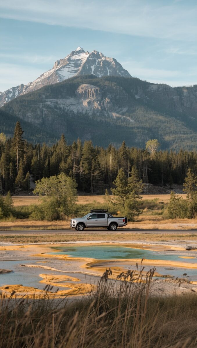 Silver pickup truck with roof rack parked near colorful geothermal hot springs with snow-capped mountain and pine forest backdrop