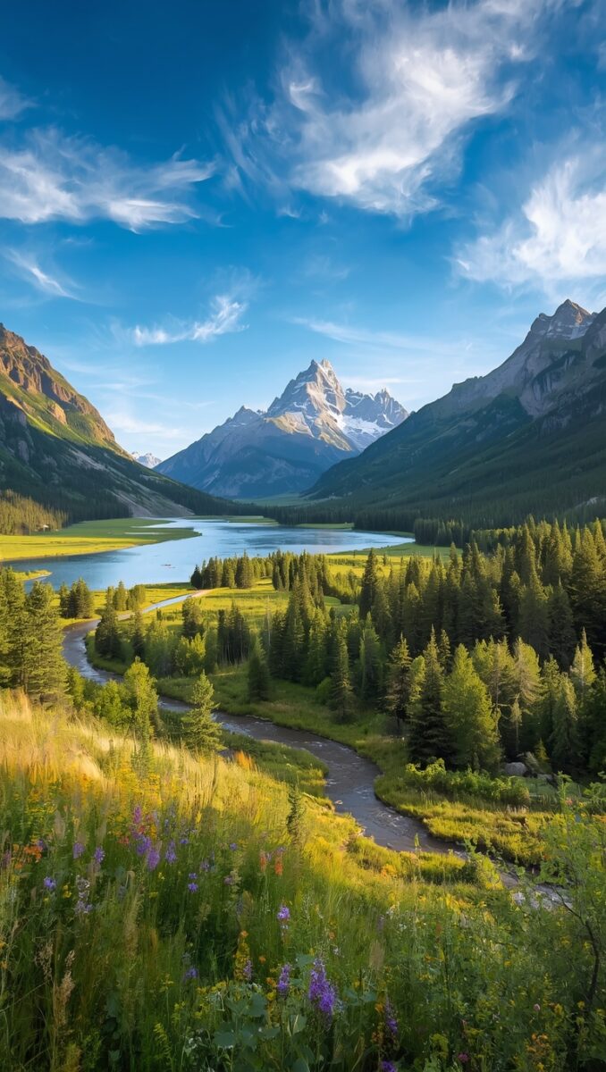 Panoramic mountain valley with winding river, alpine lake, evergreen forest, wildflowers, and snow-capped peak under blue sky