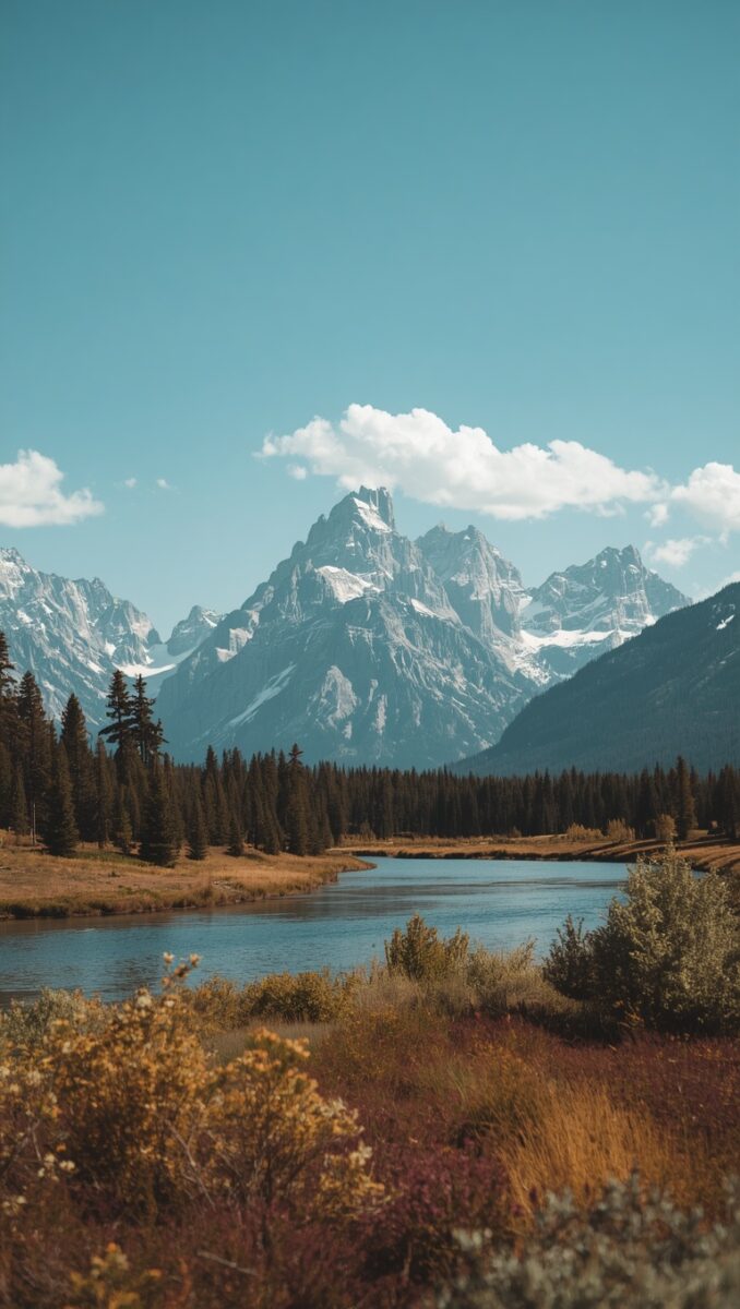 Grand Teton mountain range with snow-capped peaks, pine forest, and winding river under blue sky in autumn