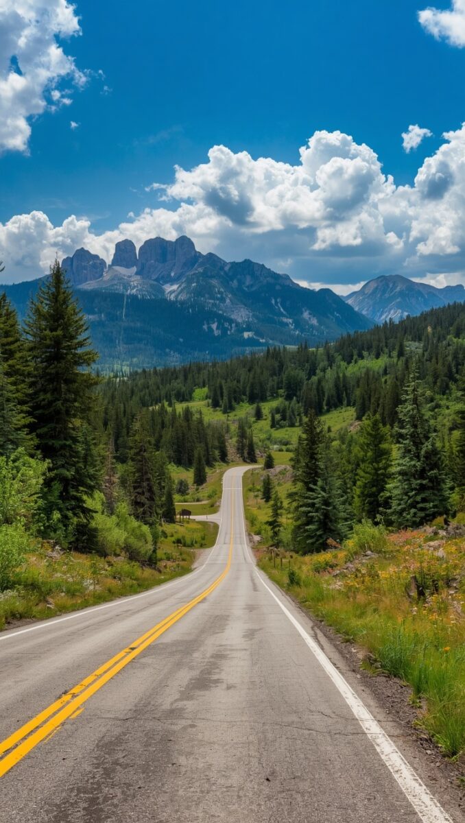 Two-lane mountain highway winding through pine forest toward rocky peaks under blue sky with white clouds