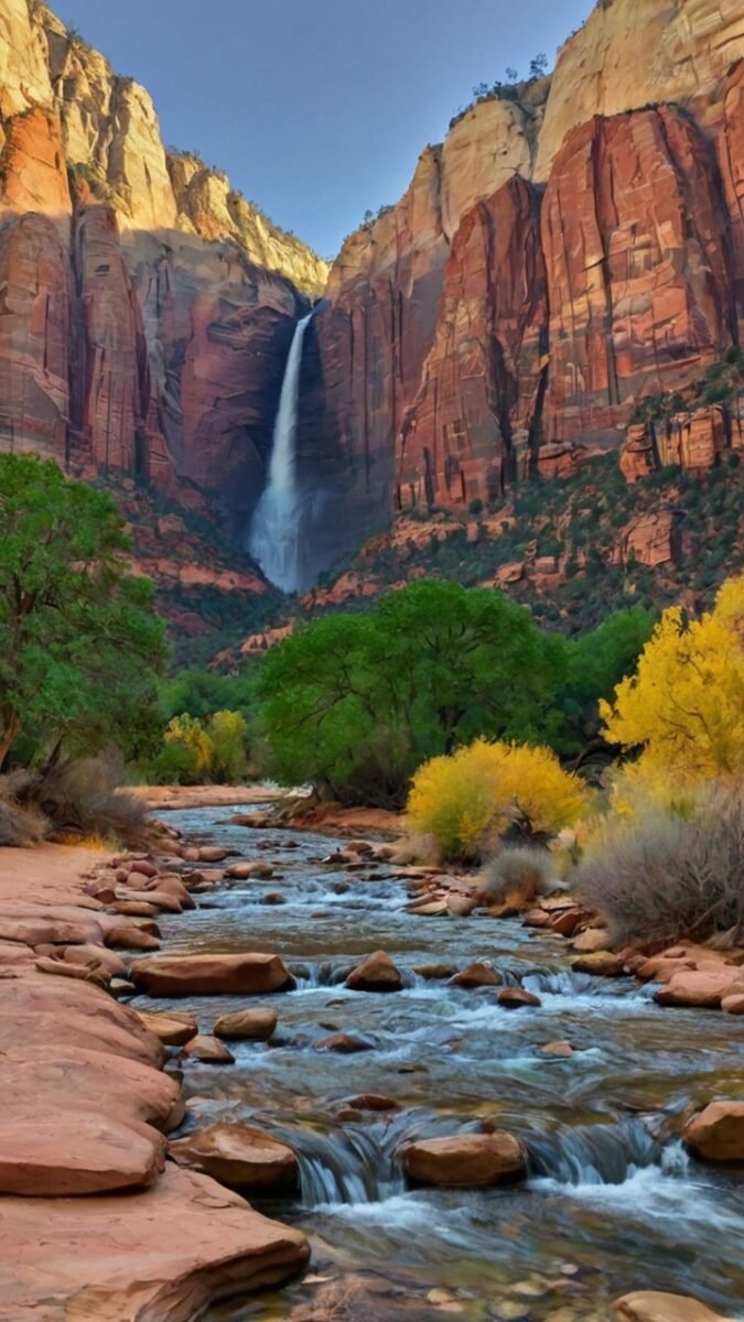 Waterfall cascading down red sandstone cliffs into a rocky river canyon with autumn foliage at Zion National Park