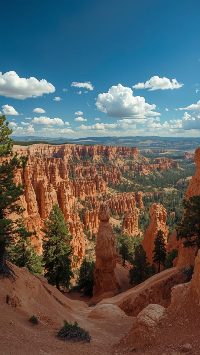 Panoramic view of Bryce Canyon National Park with orange hoodoo rock spires, pine trees, and blue sky