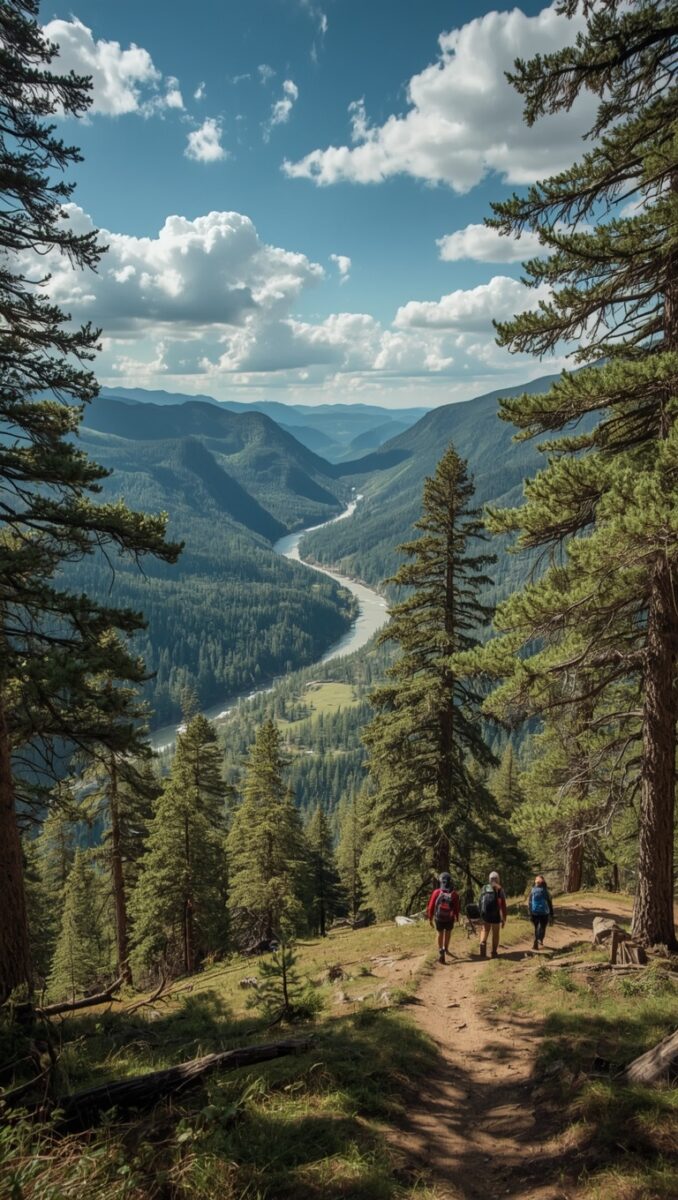 Three hikers with backpacks on a mountain trail surrounded by pine trees overlooking a river valley