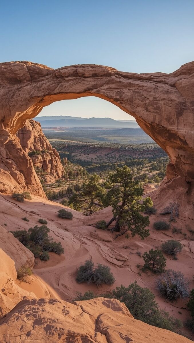 Natural sandstone arch framing a sweeping desert valley with pinyon pines and distant mountains in the American Southwest