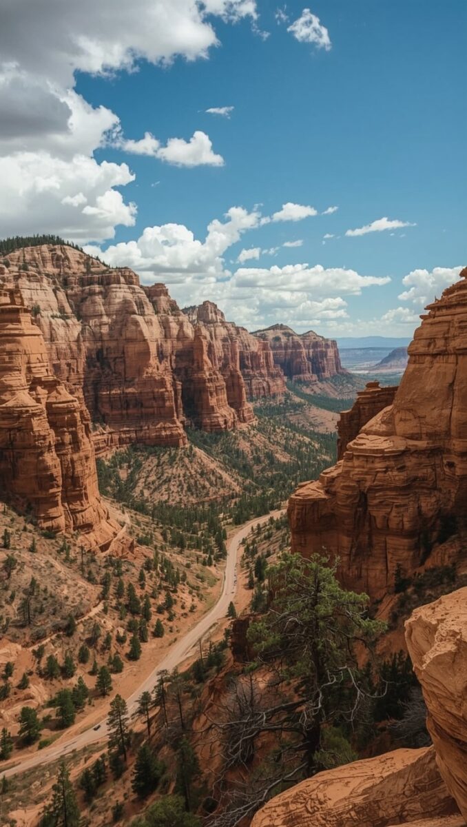 Panoramic view of red rock canyon with winding road, pine trees, and layered sandstone cliffs under blue sky