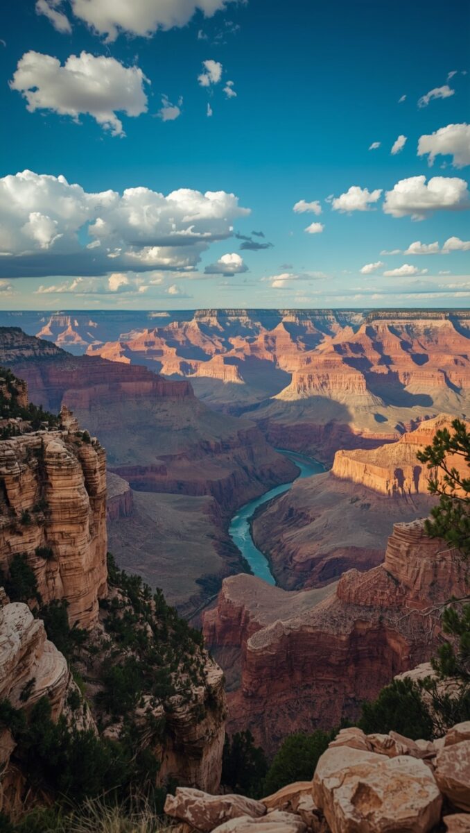 Panoramic view of the Grand Canyon with the Colorado River winding through red rock formations under a blue sky