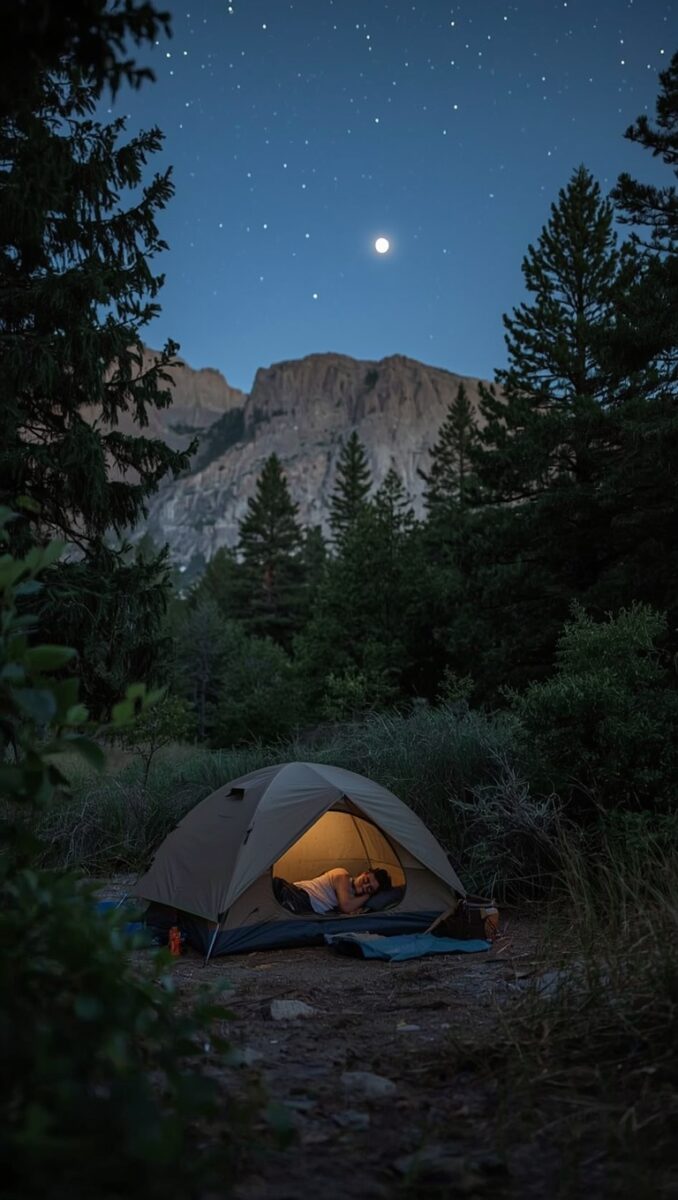 Person sleeping in open tent under moonlit starry sky with pine trees and rocky mountain backdrop at night