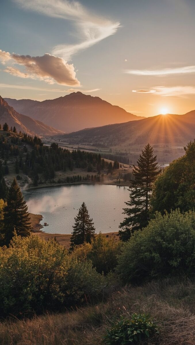 Golden sunset over mountain valley with a small lake surrounded by pine trees and lush greenery