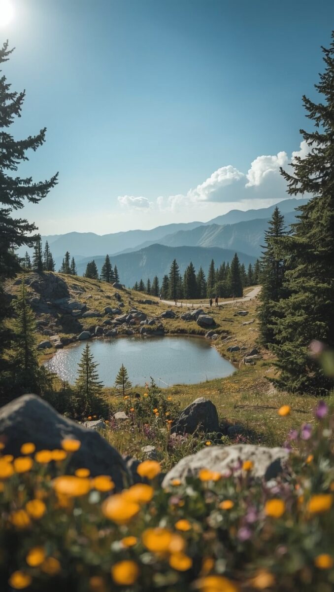 Alpine mountain landscape with small pond, wildflowers, evergreen trees, and distant blue mountain ranges under clear sky