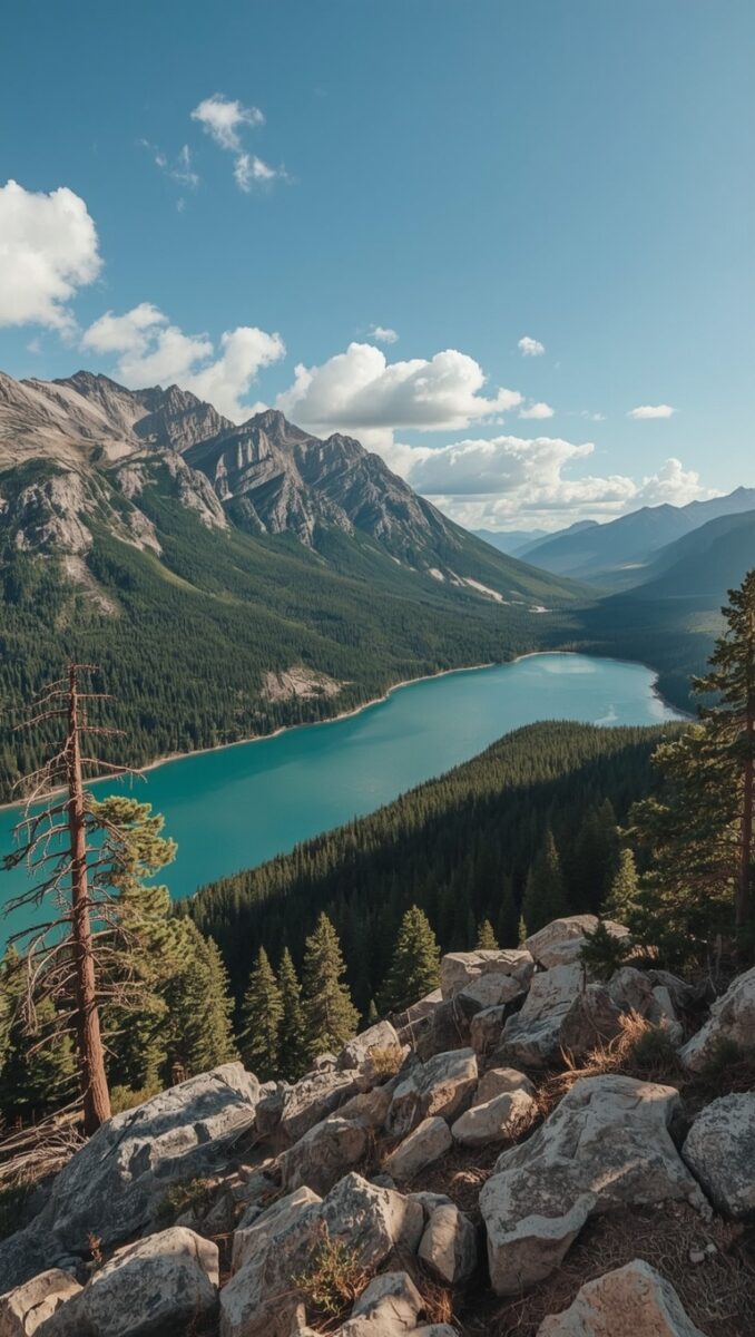 Turquoise mountain lake surrounded by dense pine forest and rocky peaks under a blue sky