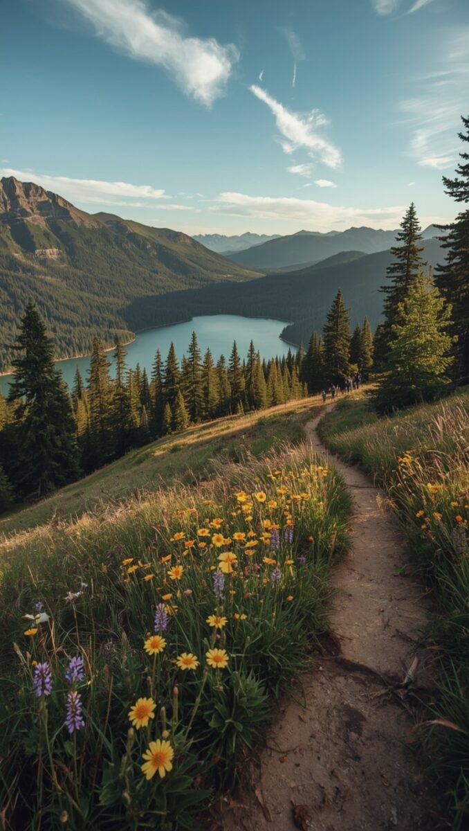 Wildflower-lined mountain hiking trail overlooking a turquoise alpine lake surrounded by evergreen forest