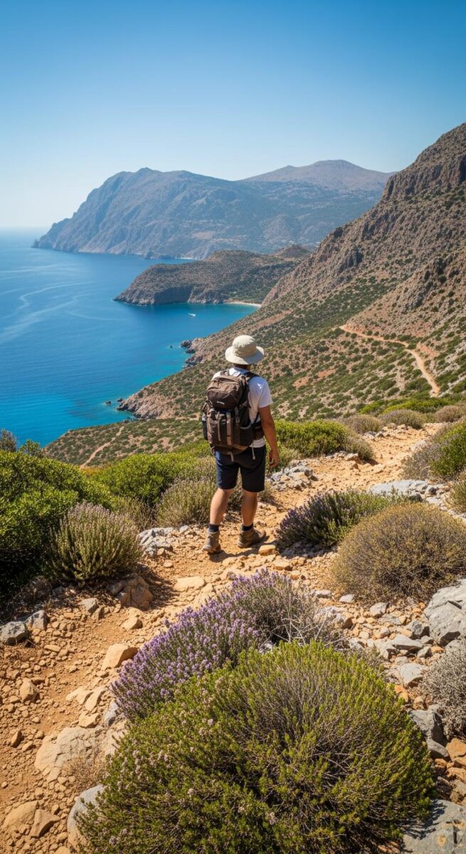 Hiker with backpack and sun hat standing on rocky coastal trail overlooking vivid blue Mediterranean sea and mountains