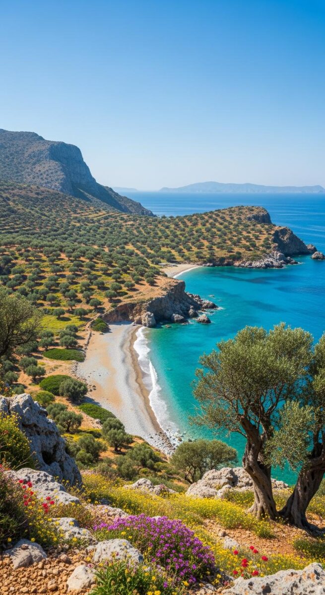 Aerial view of a secluded Mediterranean beach with turquoise water, olive groves, rocky cliffs, and colorful wildflowers