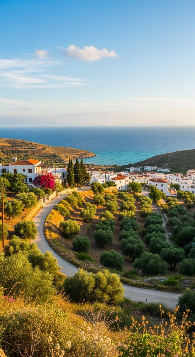 Aerial view of a Greek island village with white buildings, olive groves, winding road, and turquoise Mediterranean sea