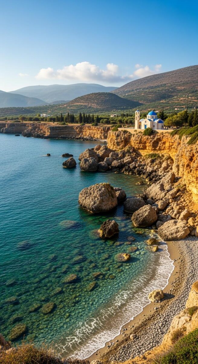 Greek coastal cove with turquoise water, golden limestone cliffs, rocky beach, and white church with blue domes on hillside