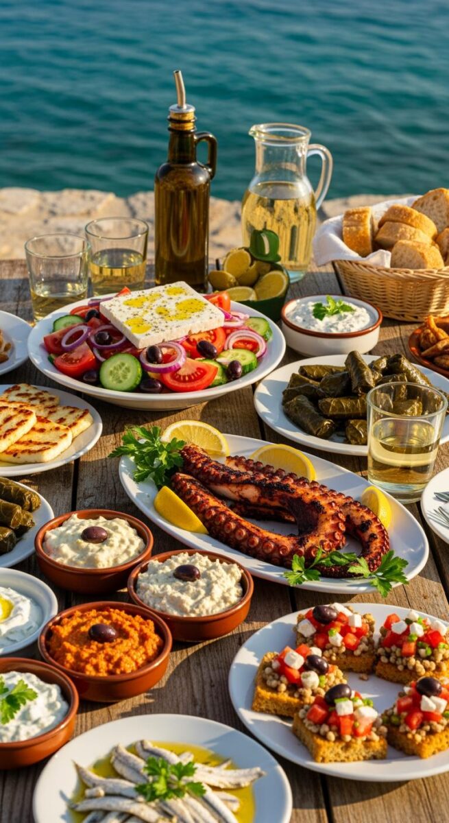 Traditional Greek meze spread with grilled octopus, feta salad, dolmades, halloumi, dips, and bread by the sea