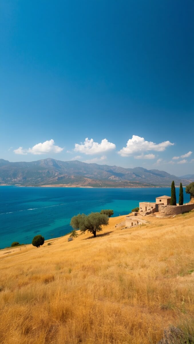 Golden hillside with olive trees and ancient stone ruins overlooking turquoise Mediterranean sea with mountains beyond