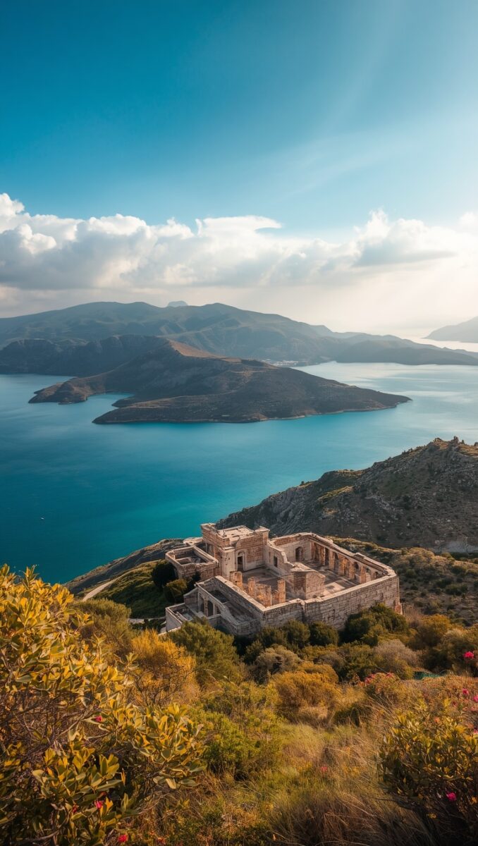 Ancient stone ruins on a hilltop overlooking turquoise Mediterranean sea with mountainous islands and blue sky