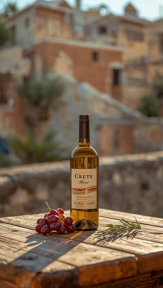 Bottle of Crete Wine on rustic wooden table with red grapes and rosemary, Mediterranean village backdrop in sunlight