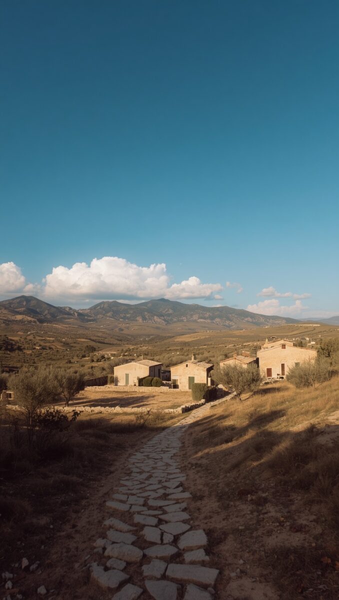 Stone path leading to rustic limestone farmhouses in a Mediterranean valley with mountains and blue sky